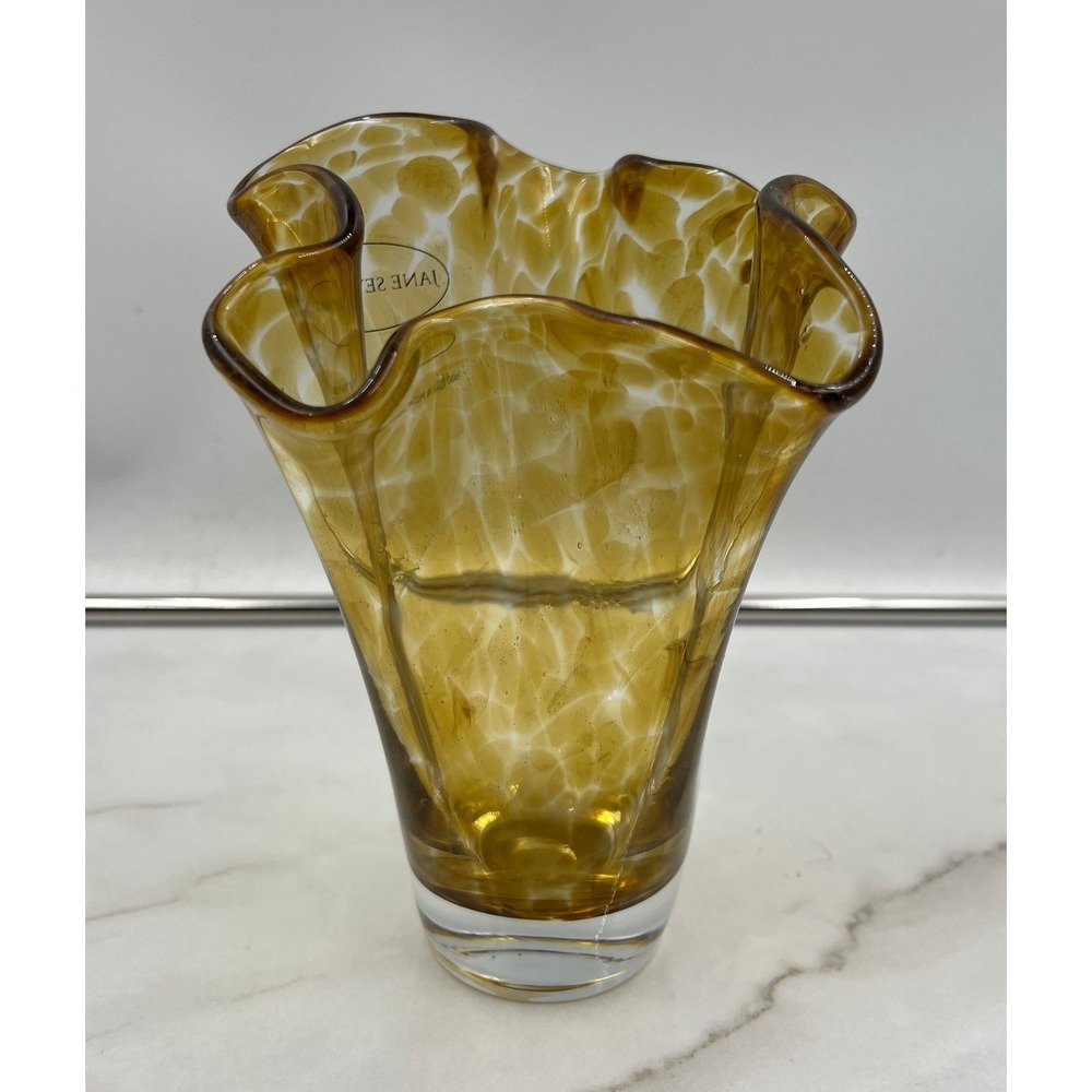Jane Seymour Hand-Made Poland Amber Tortoise Art Glass Ruffled Handkerchief Vase